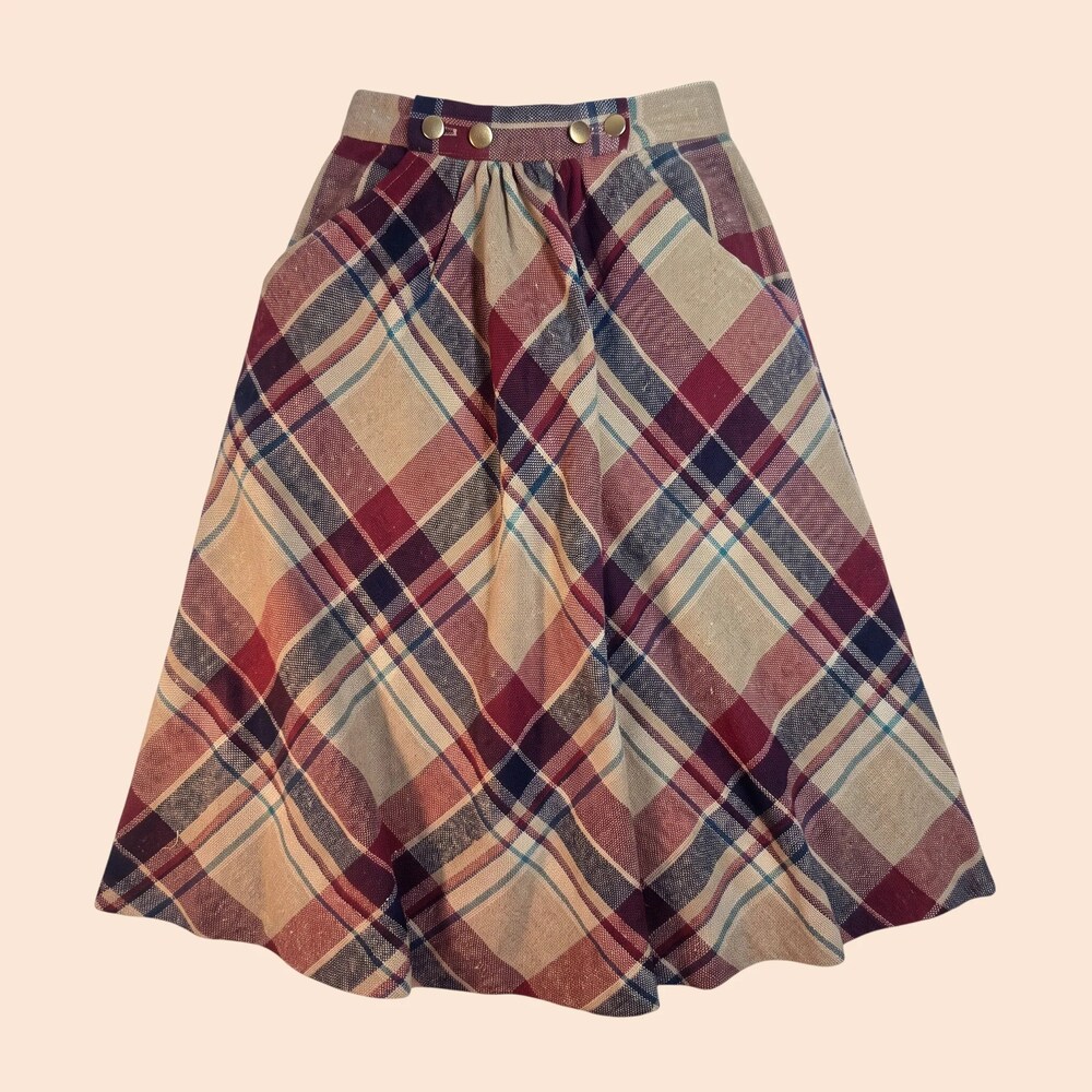 Vintage 70s 80s Bias Plaid Wool Blend High Waist Skirt Gold Button Tan Maroon 24